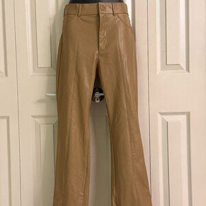Zara Hi Rise Tan Faux Leather Flare Pants XS Ankle Zip Fleece Lined 2018